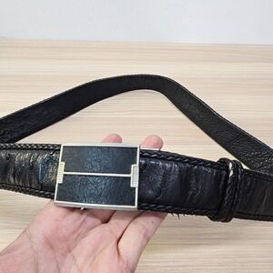Genuine Ostrich Belt Men 34 M Black Braided Leather 80s Ratchet Adjustable JAPAN